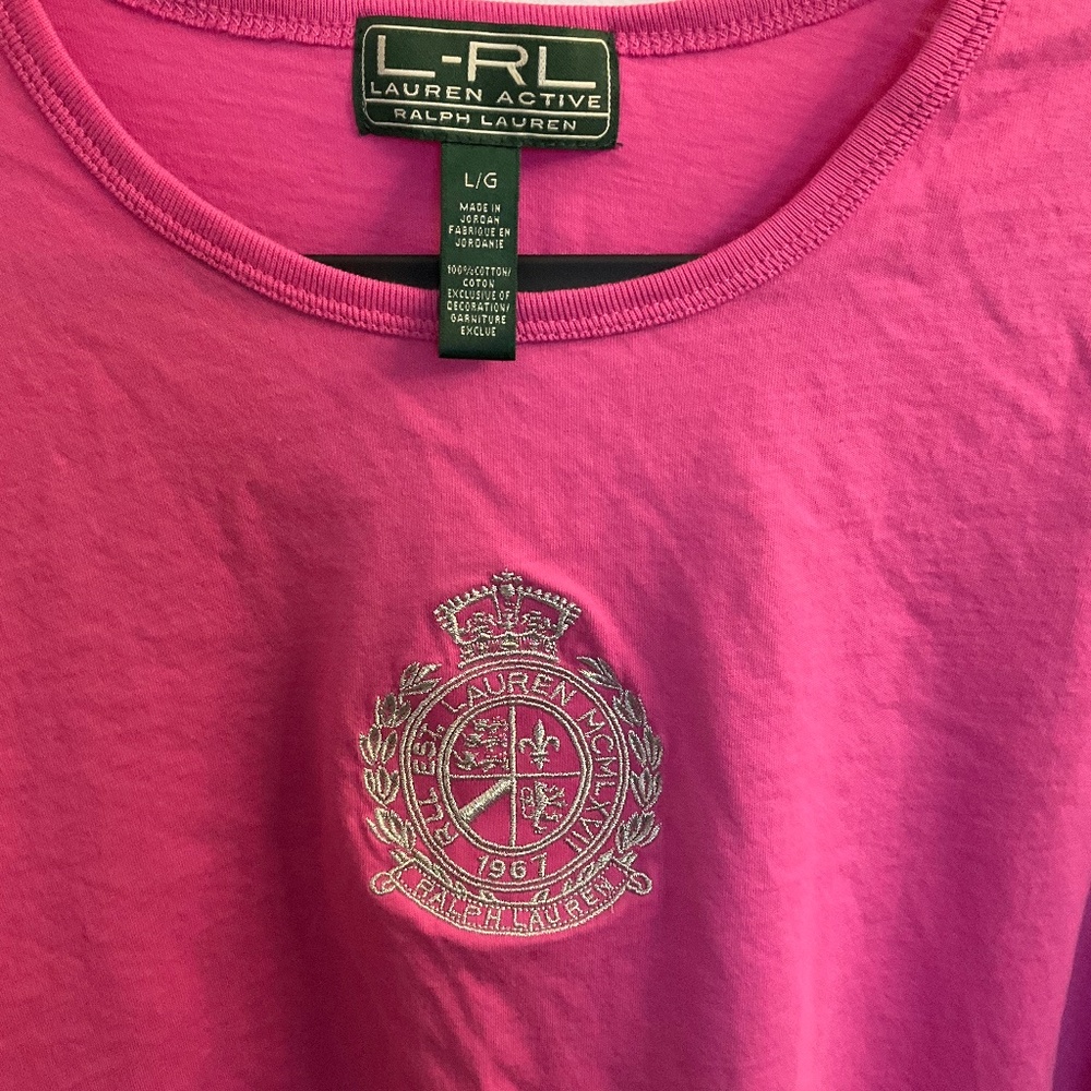 Vintage Ralph Lauren long sleeve shirt with silver crest logo in pink, large